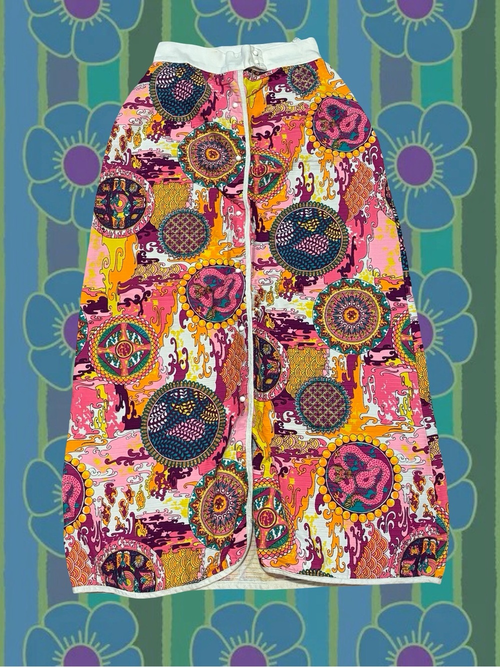 Vintage Pink Multi-Print Maxi Skirt with Bold Circular Motifs
